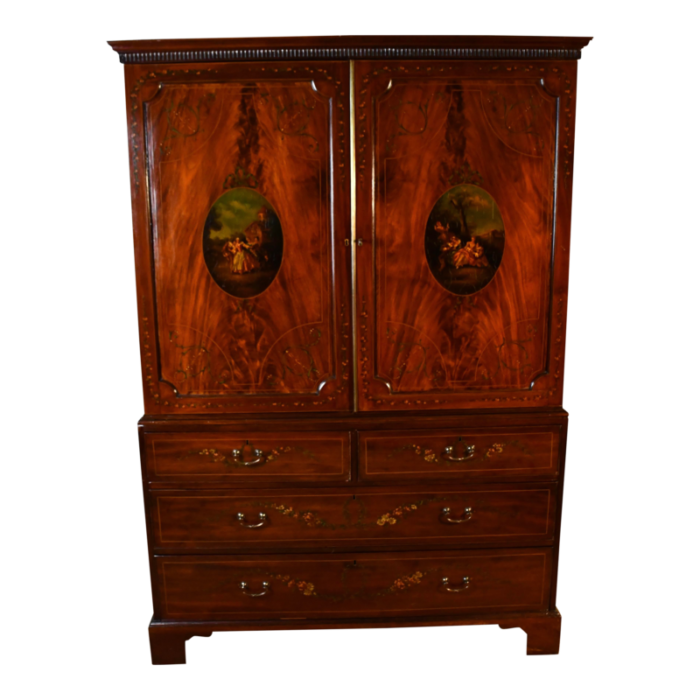 1880s antique english mahogany hand painted armoire wardrobes linen press storage 3774