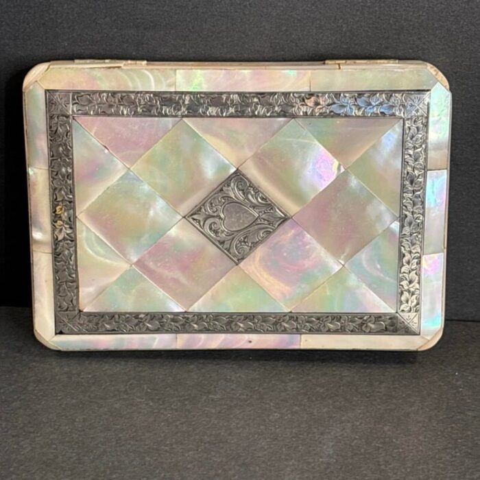 1900 antique mother of pearl and silver inlaid calling card case england 3528