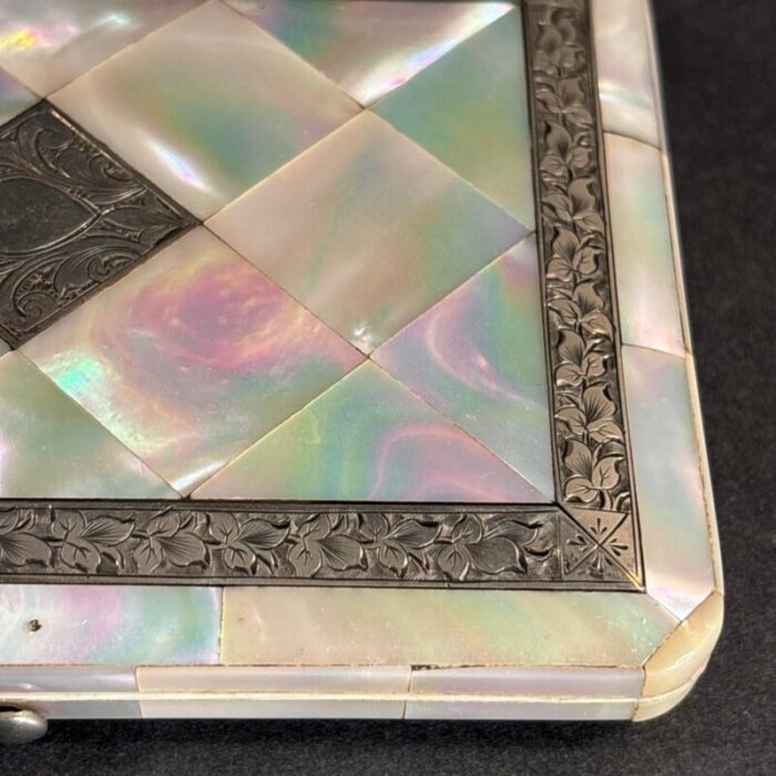 1900 antique mother of pearl and silver inlaid calling card case england 4288