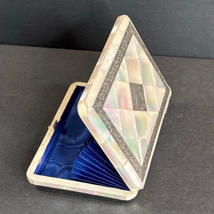 1900 antique mother of pearl and silver inlaid calling card case england 5085