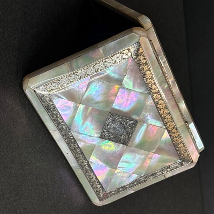 1900 antique mother of pearl and silver inlaid calling card case england 8648