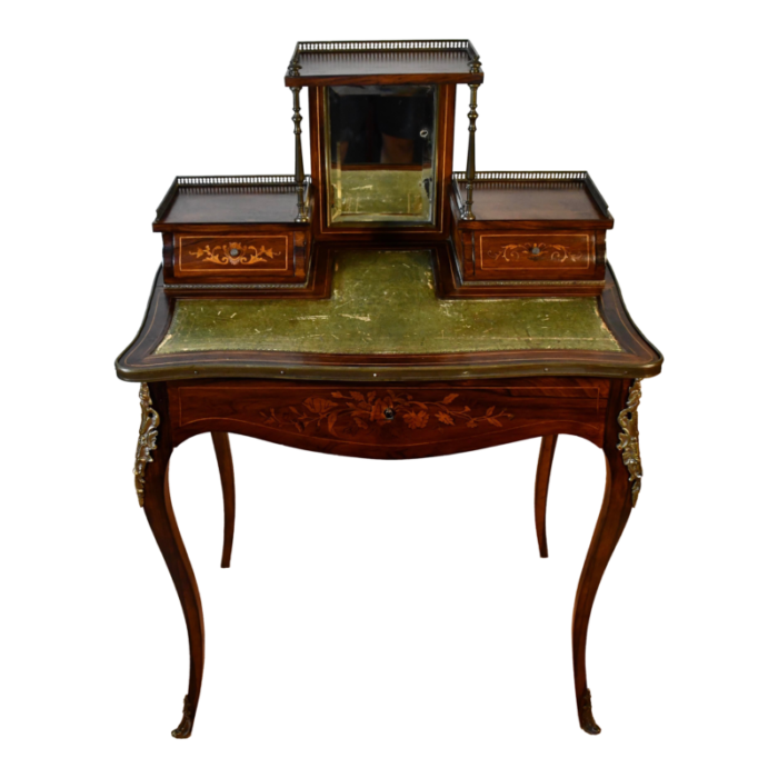 1900s antique french louis xv walnut inlaid vanity ladies desk with mirror 0068