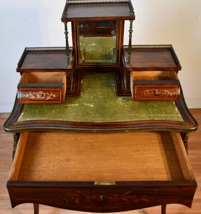 1900s antique french louis xv walnut inlaid vanity ladies desk with mirror 3468