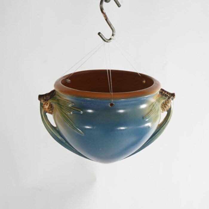 1935 roseville art pottery hanging planter pinecone in blue 8724