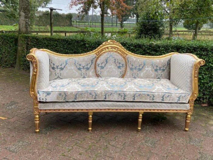 1940s french louis xvi sofa set in gold beech and damask 5 pieces 1429