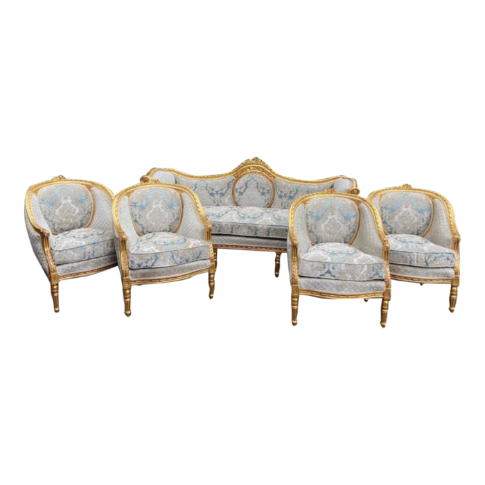 1940s french louis xvi sofa set in gold beech and damask 5 pieces 2109