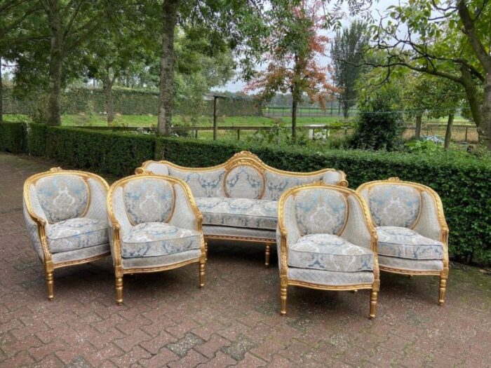 1940s french louis xvi sofa set in gold beech and damask 5 pieces 3797