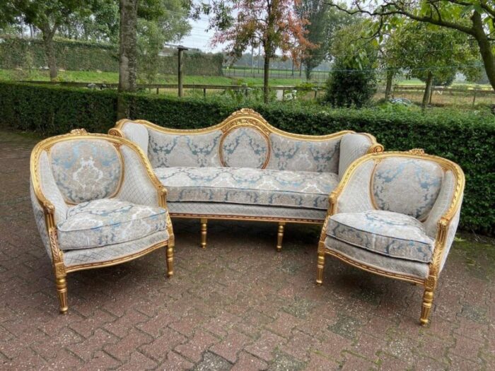 1940s french louis xvi sofa set in gold beech and damask 5 pieces 7928