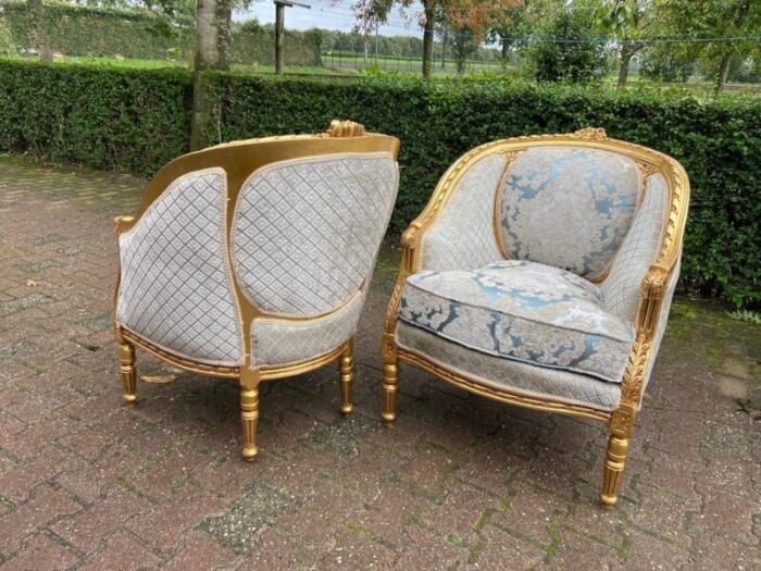 1940s french louis xvi sofa set in gold beech and damask 5 pieces 7989