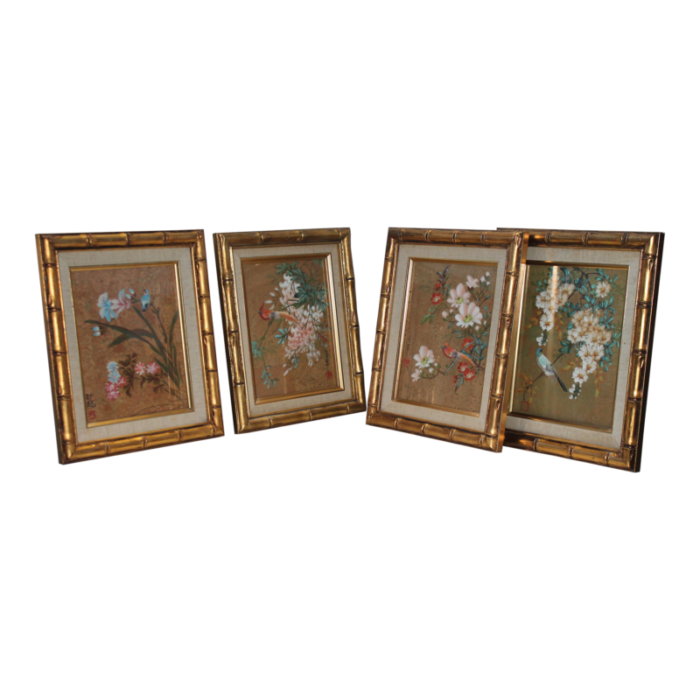 1940s hollywood regency hand painted floral paintings set of 4 0388