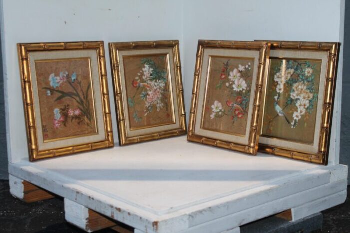 1940s hollywood regency hand painted floral paintings set of 4 1745