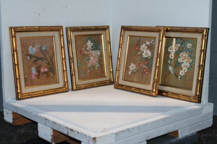 1940s hollywood regency hand painted floral paintings set of 4 7601