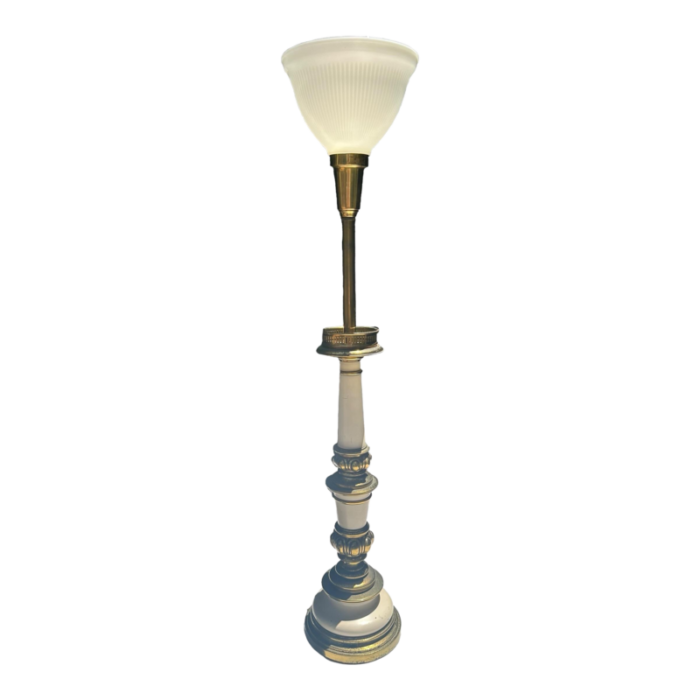 1950s hollywood regency stiffel co gold and enamel candlestick lamp with milk glass 9418