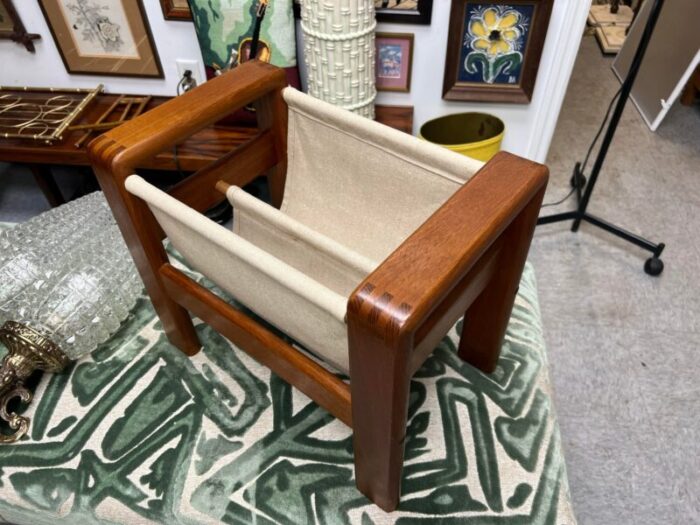 1960s danish modern teak and linen magazine rack 2059