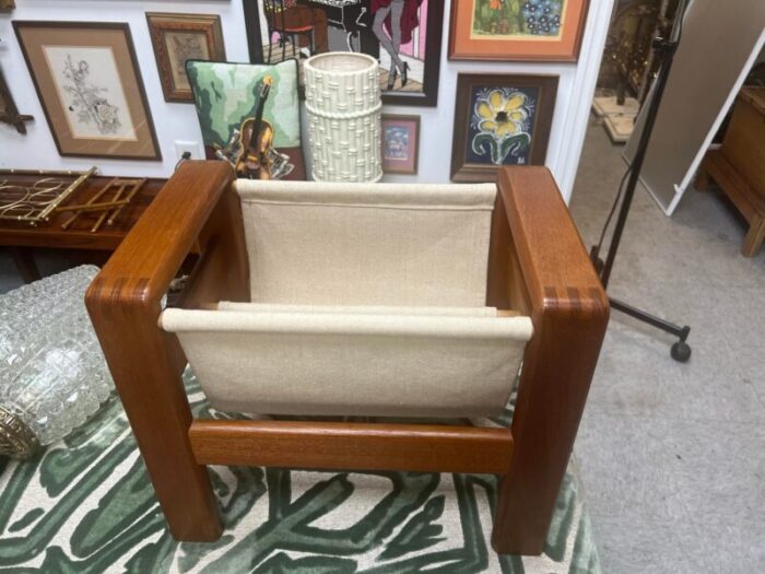 1960s danish modern teak and linen magazine rack 8406