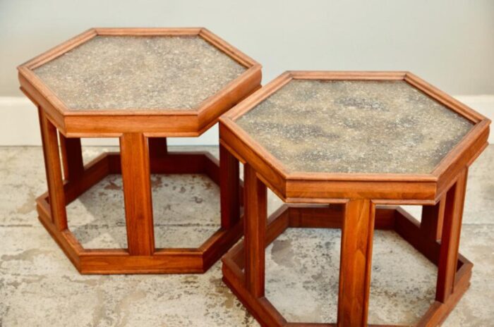 1960s pair of hexagonal domino side tables by john keal for brown saltman 0390