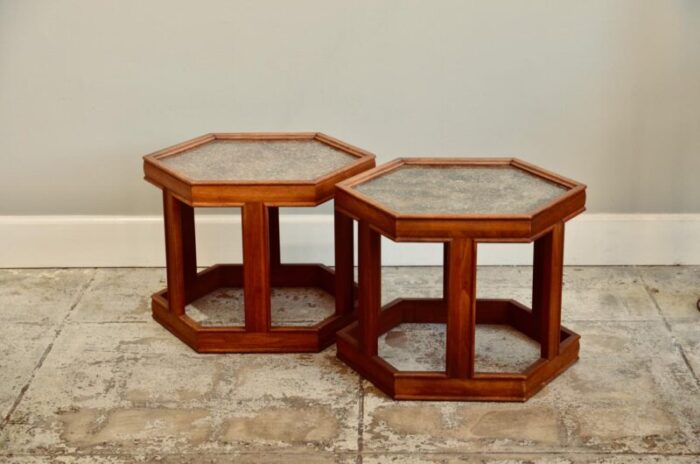 1960s pair of hexagonal domino side tables by john keal for brown saltman 4057