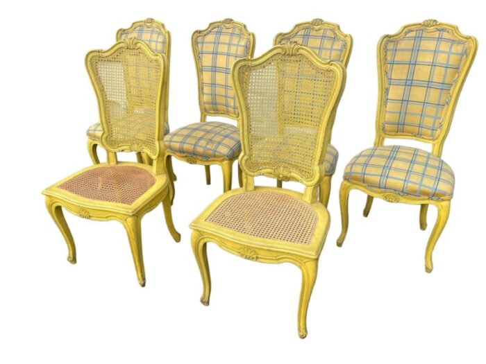 1960s vintage yellow wood and upholstered provencial dining chairs a set of 6 1773