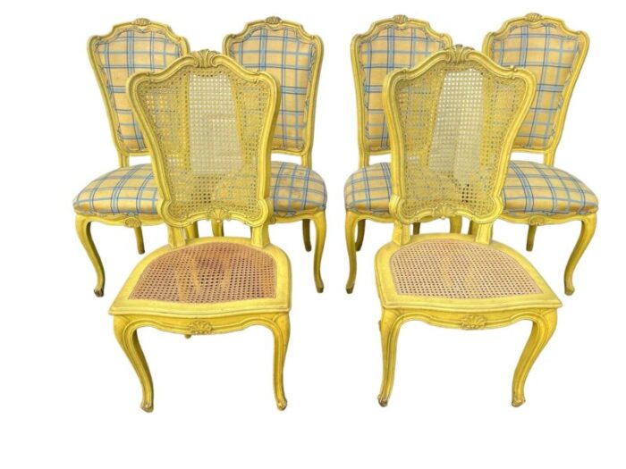 1960s vintage yellow wood and upholstered provencial dining chairs a set of 6 2485