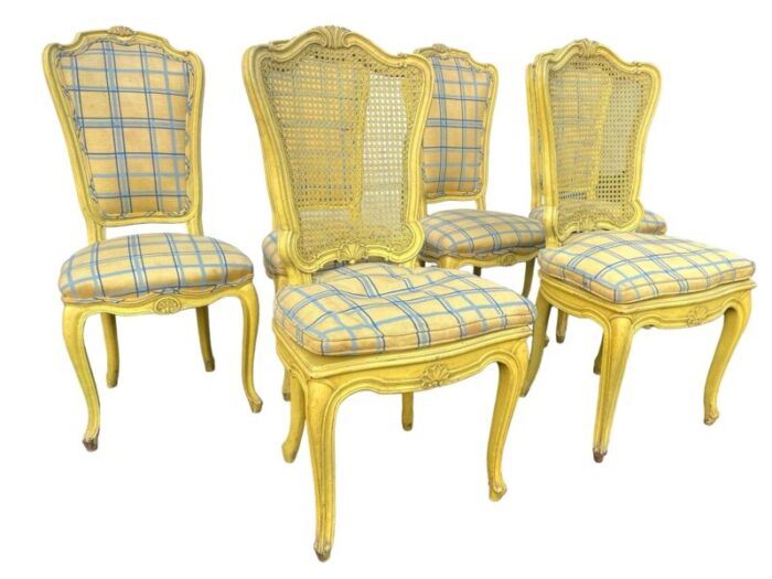 1960s vintage yellow wood and upholstered provencial dining chairs a set of 6 2548