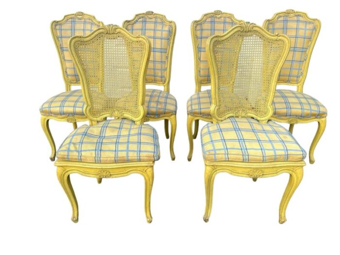 1960s vintage yellow wood and upholstered provencial dining chairs a set of 6 4452