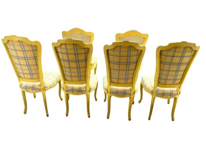 1960s vintage yellow wood and upholstered provencial dining chairs a set of 6 4845