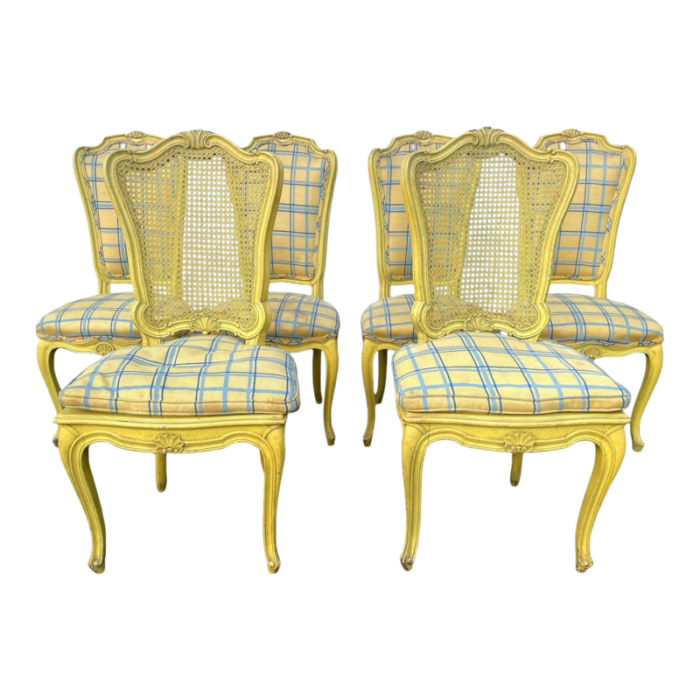 1960s vintage yellow wood and upholstered provencial dining chairs a set of 6 6429