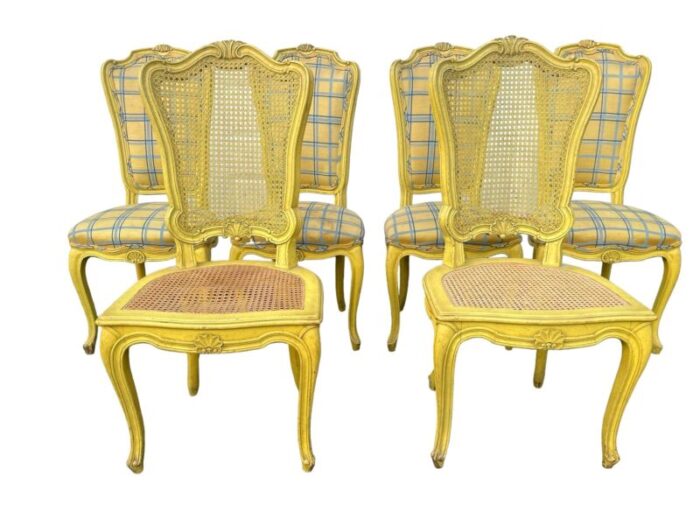 1960s vintage yellow wood and upholstered provencial dining chairs a set of 6 9328