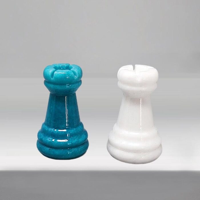 1970s handmade turquoise and white chess set in volterra alabaster made in italy 0025