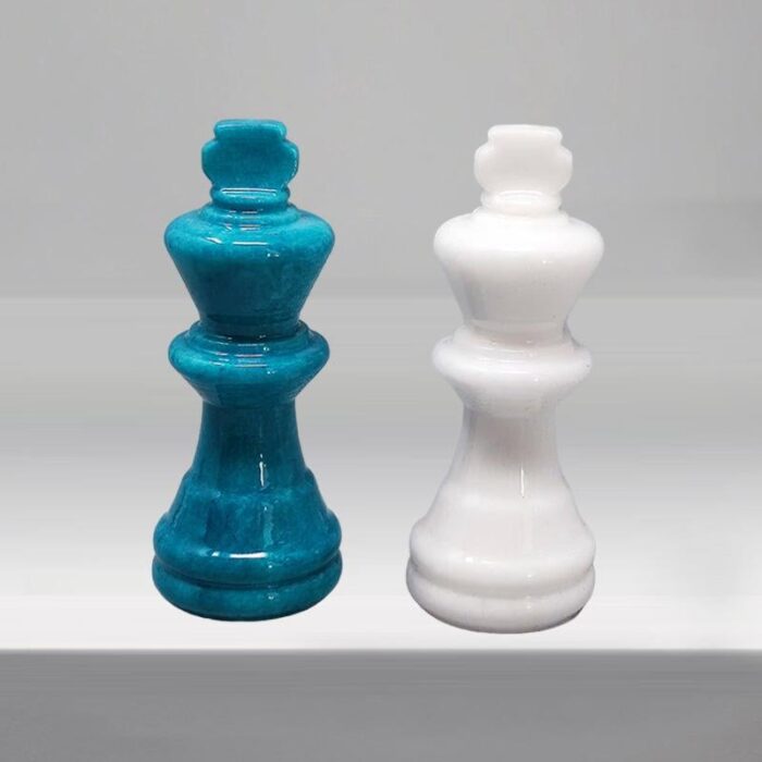 1970s handmade turquoise and white chess set in volterra alabaster made in italy 0614