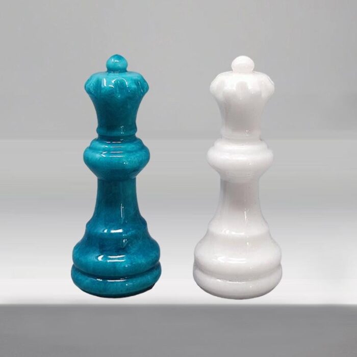 1970s handmade turquoise and white chess set in volterra alabaster made in italy 1069