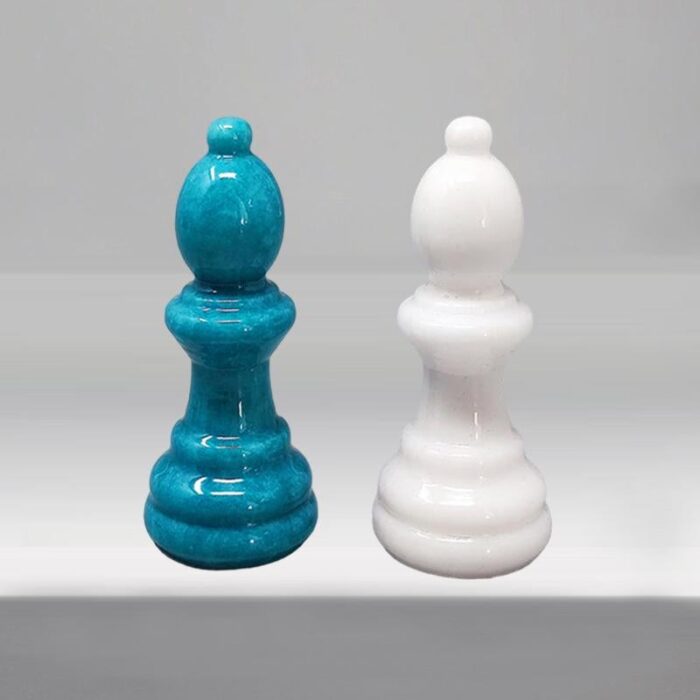 1970s handmade turquoise and white chess set in volterra alabaster made in italy 2130