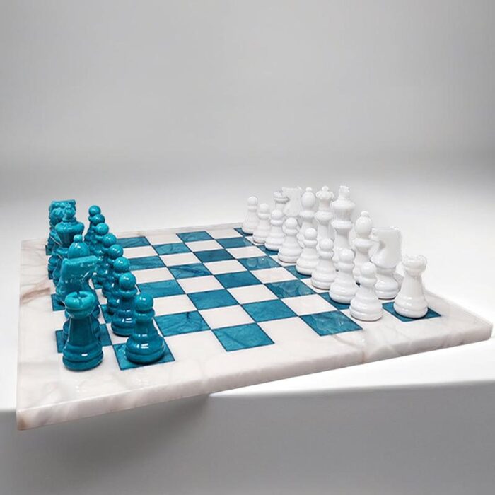 1970s handmade turquoise and white chess set in volterra alabaster made in italy 5774