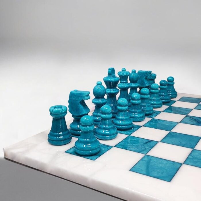 1970s handmade turquoise and white chess set in volterra alabaster made in italy 8648