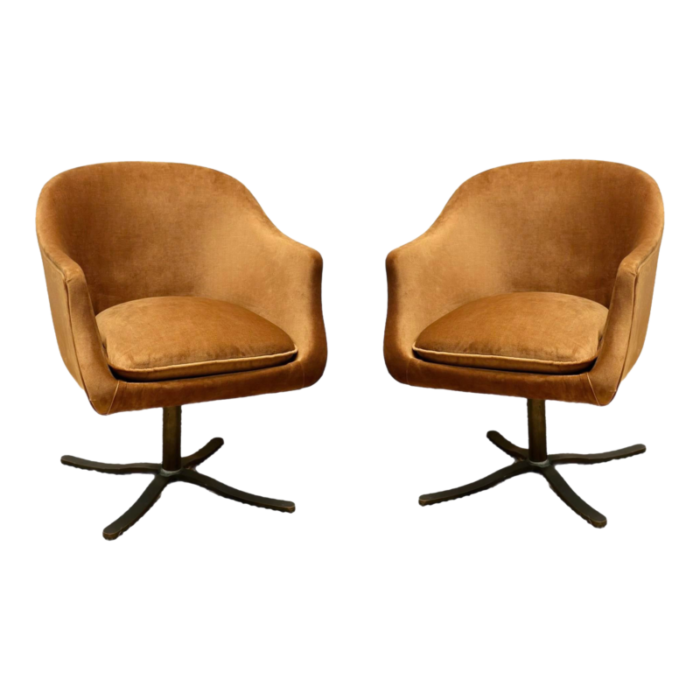 1970s nicos zographos ochre velvet and bronze swivel bucket chair a pair 1283