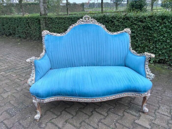 1980s french louis xvi style settee in blue plisse velvet 1136