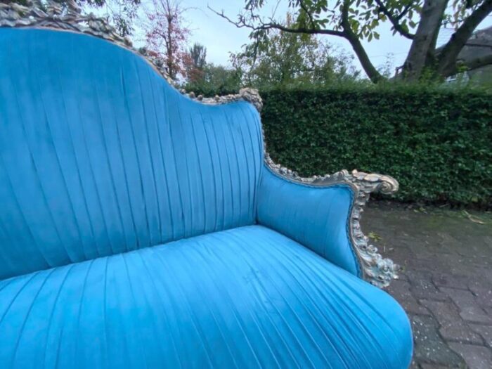 1980s french louis xvi style settee in blue plisse velvet 2814