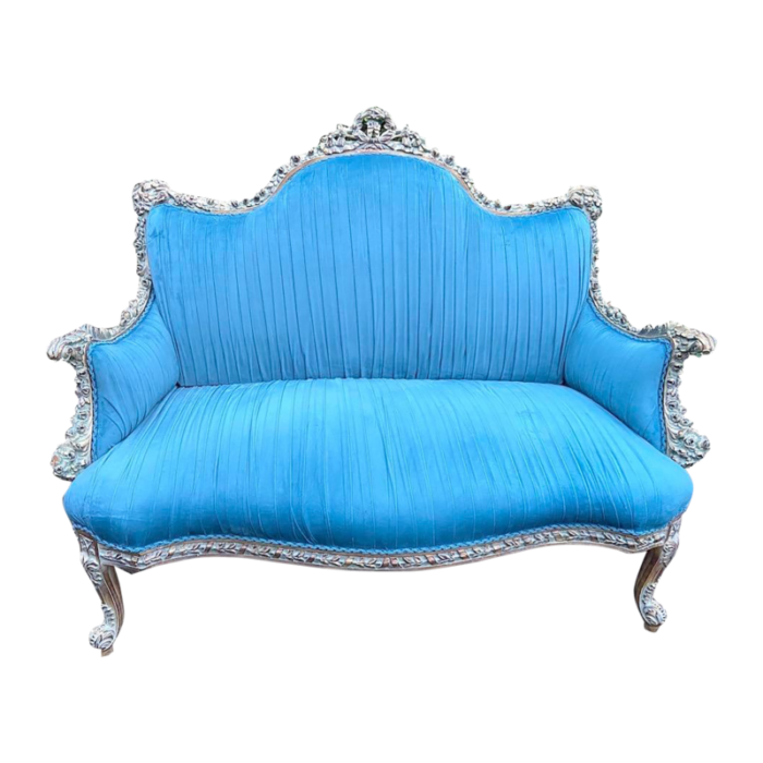 1980s french louis xvi style settee in blue plisse velvet 4335