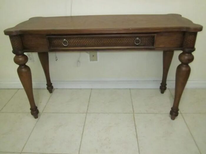 1980s tommy bahama style writing desk one drawer medium tone 2454