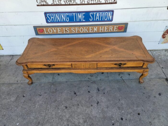 1980s vintage french style oak wood coffee table with two drawers 2359