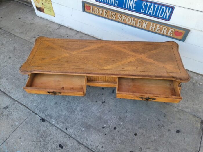 1980s vintage french style oak wood coffee table with two drawers 2509