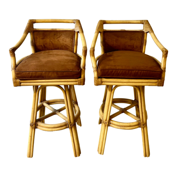 1990s david francis furniture bar height stools bamboo swivel faux suede attached cushions euc a pair 4920