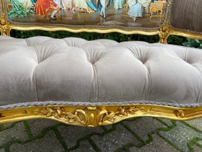 1990s french louis xvi settee in gilded beech and tan tufted velvet 0123