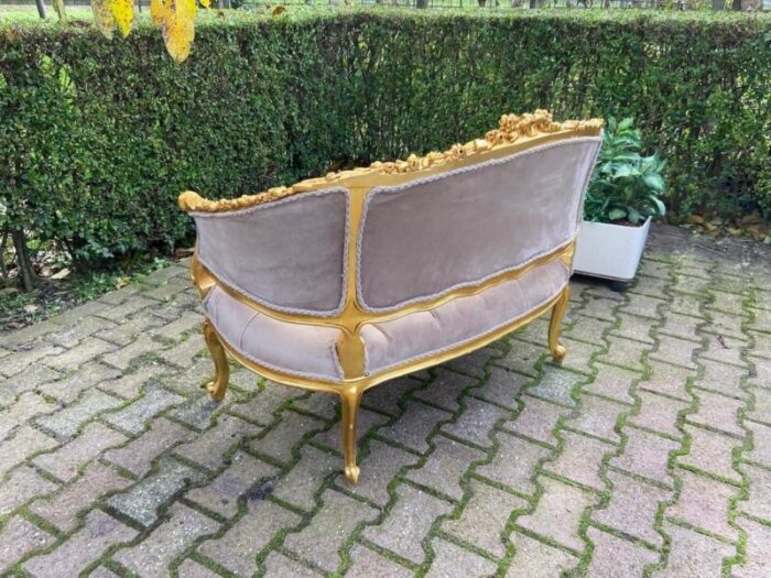 1990s french louis xvi settee in gilded beech and tan tufted velvet 0530