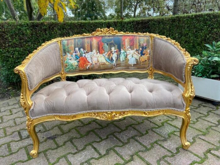 1990s french louis xvi settee in gilded beech and tan tufted velvet 0599