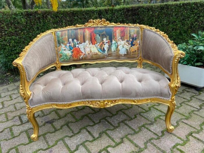 1990s french louis xvi settee in gilded beech and tan tufted velvet 1770