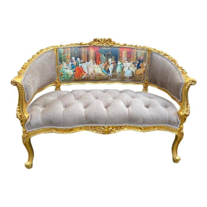 1990s french louis xvi settee in gilded beech and tan tufted velvet 2343