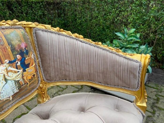 1990s french louis xvi settee in gilded beech and tan tufted velvet 4746