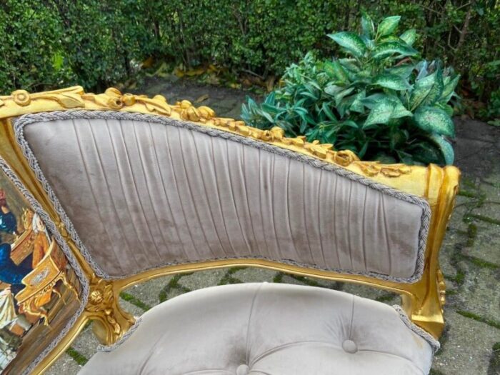 1990s french louis xvi settee in gilded beech and tan tufted velvet 7728