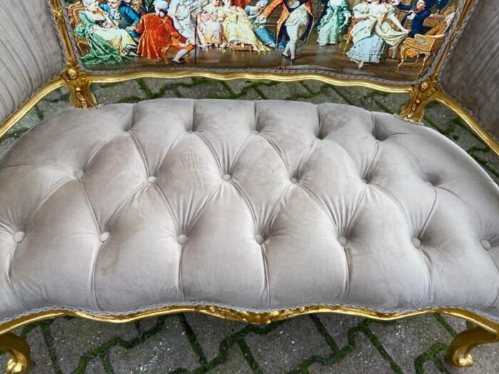 1990s french louis xvi settee in gilded beech and tan tufted velvet 7907